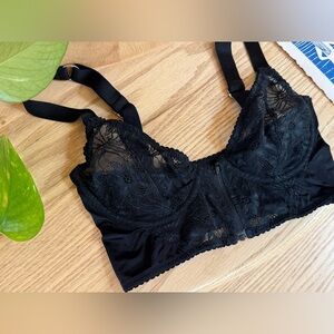 Lace French Plunge Bra 32C Black Front Zip Sheer Underwire